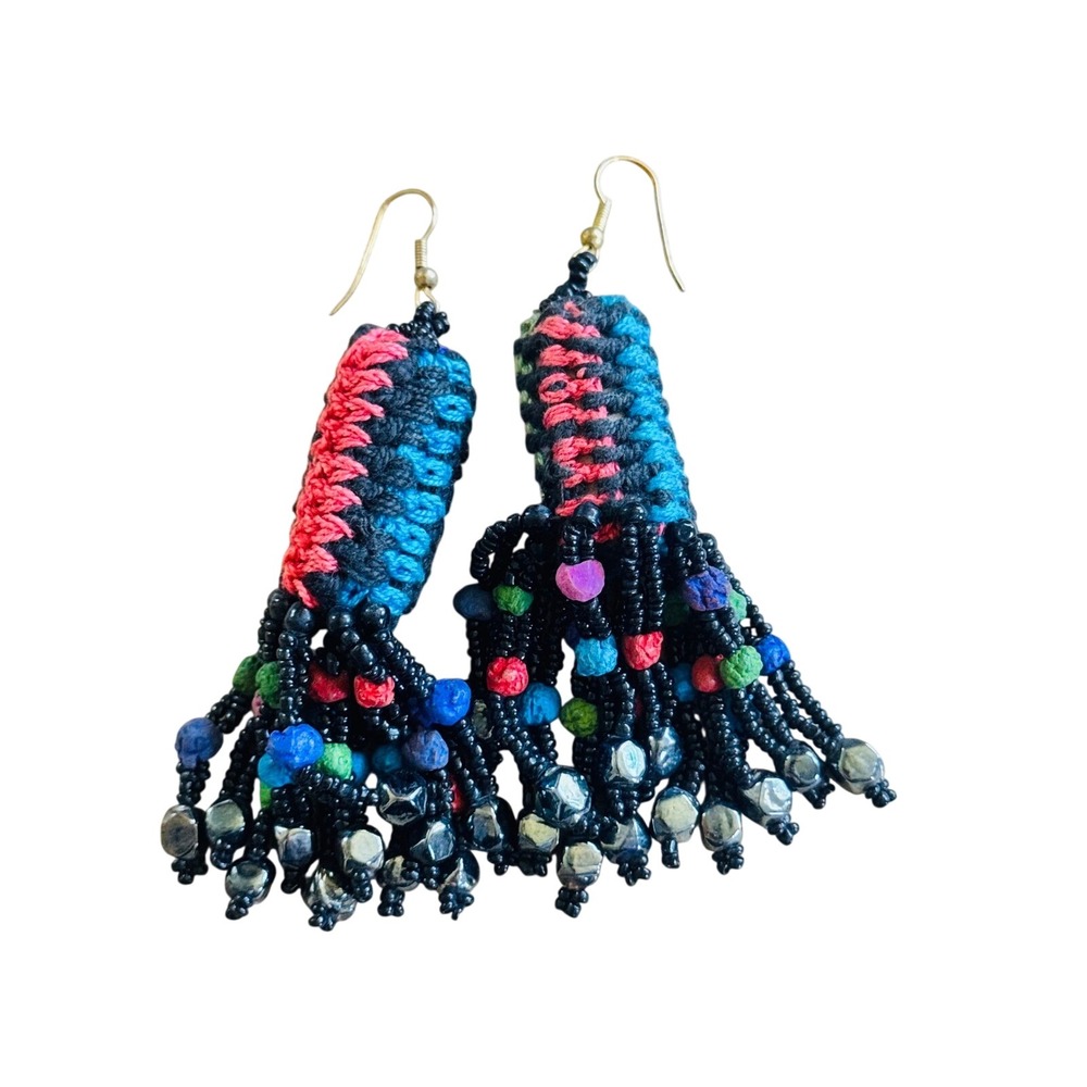 VTG Earrings Cluster 80s Colorful Woven Beaded Dangle Statement Glass Pierced